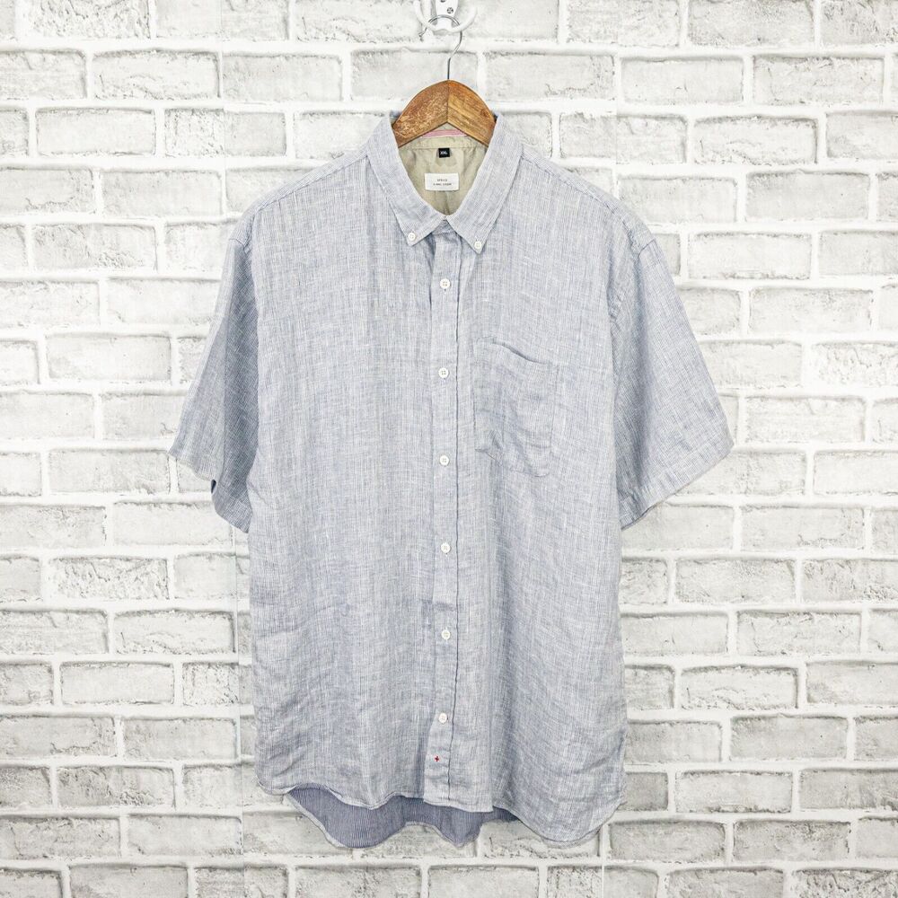 APOLIS Men's 2XL linen Short Sleeve Button Down Shirt blue stripe